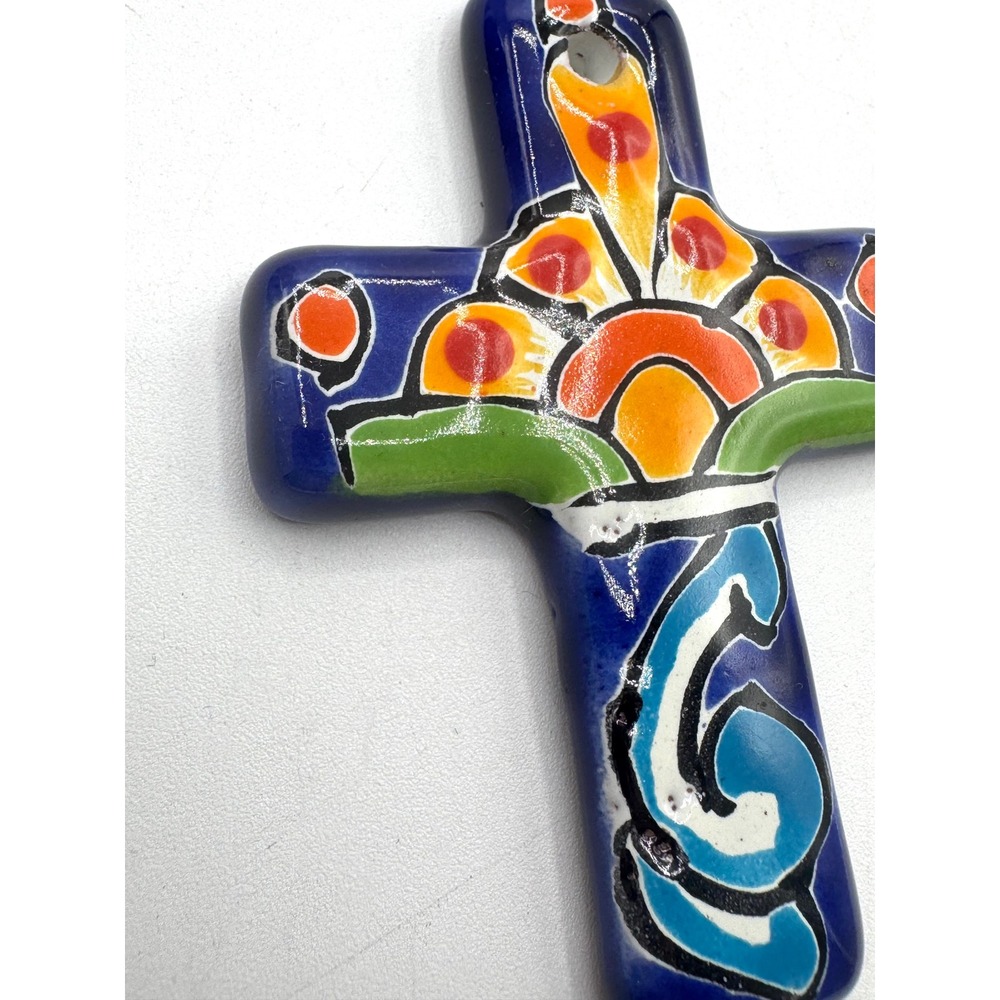 Mexican Talavera Pottery Wall Cross Hand Painted Floral Folk Art Blue - Picture 5 of 6